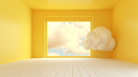 Generative AI, Light yellow fantastic 3d clouds on the floor, sky and landscape. Gentle colors and bright lights.の素材