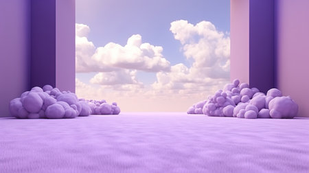 Generative AI, Purple, digital lavender color fantastic 3d clouds on the floor, sky and landscape. Gentle colors and bright lights.の素材
