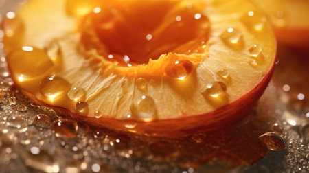 Generative AI, bright slice of juicy ripe apricot and water drops, macro of summer fruitの素材