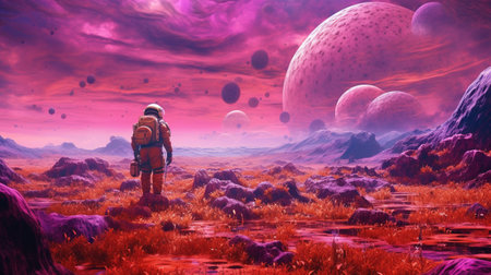 Generative AI, astronaut on planet mars, exploring planets in outer space. fantasy surreal illustrationの素材