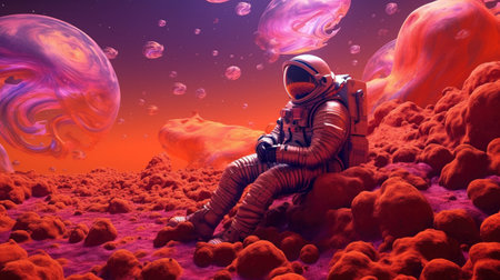 Generative AI, astronaut on planet mars, exploring planets in outer space. fantasy surreal illustrationの素材