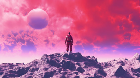 Generative AI, Psychedelic Space banner template, nostalgic 80s, 90s background. Horizontal illustration of the future landscape with mountains, planets, trees, moon. Surrealist escapism concept.の素材