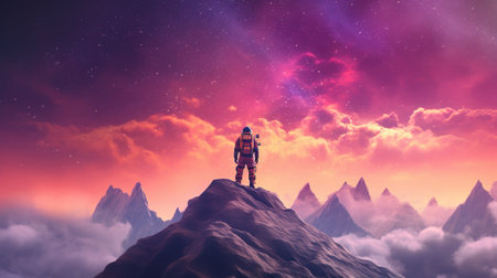 Generative AI, Psychedelic Space banner template, nostalgic 80s, 90s background. Horizontal illustration of the future landscape with mountains, planets, trees, moon. Surrealist escapism concept.の素材