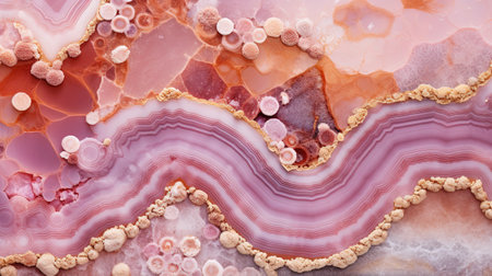 Generative AI, natural volcanic agate stones close-up light pink magenta and golden texture. Wallpaper background, quartz marble, decorative rock patternの素材