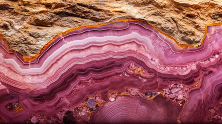 Generative AI, natural volcanic agate stones close-up light pink magenta and golden texture. Wallpaper background, quartz marble, decorative rock patternの素材