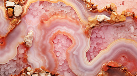 Generative AI, natural volcanic agate stones close-up light pink magenta and golden texture. Wallpaper background, quartz marble, decorative rock patternの素材