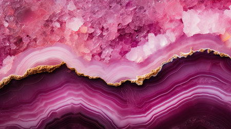 Generative AI, natural volcanic agate stones close-up light pink magenta and golden texture. Wallpaper background, quartz marble, decorative rock patternの素材