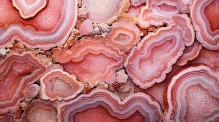 Generative AI, natural volcanic agate stones close-up light pink magenta and golden texture. Wallpaper background, quartz marble, decorative rock patternの素材