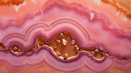 Generative AI, natural volcanic agate stones close-up light pink magenta and golden texture. Wallpaper background, quartz marble, decorative rock patternの素材