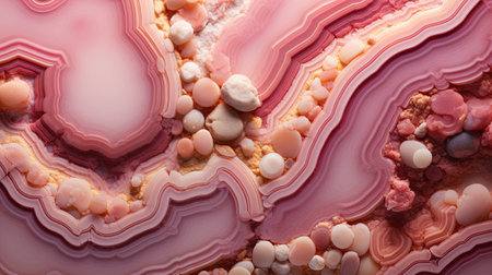 Generative AI, natural volcanic agate stones close-up light pink magenta and golden texture. Wallpaper background, quartz marble, decorative rock patternの素材