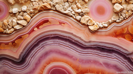 Generative AI, natural volcanic agate stones close-up light pink magenta and golden texture. Wallpaper background, quartz marble, decorative rock patternの素材