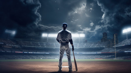Generative AI, Professional baseball player holding bat on sport stadiumの素材