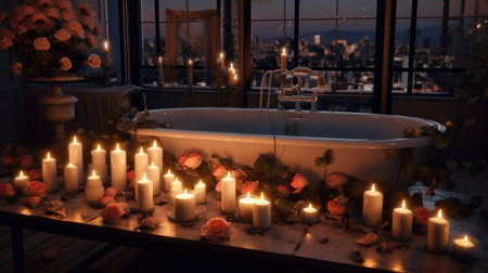 Generative AI, Interior of modern bathroom with burning candles in the evening. Romantic atmosphere, spa and relax conceptの素材