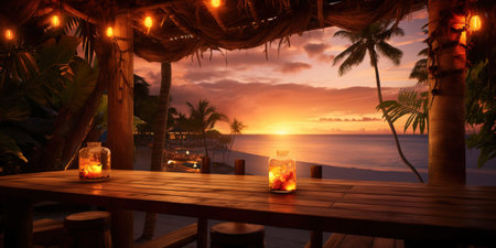 Generative AI, Tropical summer sunset beach bar background. Outdoor restaurant, Led light candles and wooden tables, chairs under beautiful sunset sky, sea view.の素材