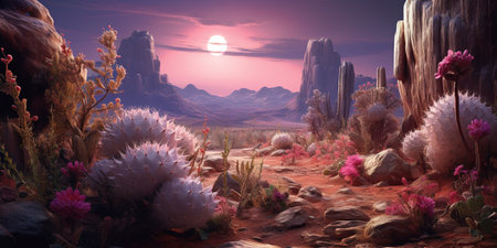 Generative AI, psychedelic and surreal scenery with cactus in the desert. landscape of the wild westの素材