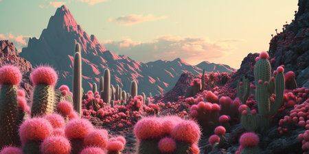 Generative AI, psychedelic and surreal scenery with cactus in the desert. landscape of the wild westの素材
