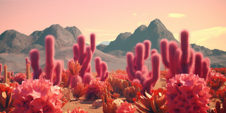 Generative AI, psychedelic and surreal scenery with cactus in the desert. landscape of the wild westの素材