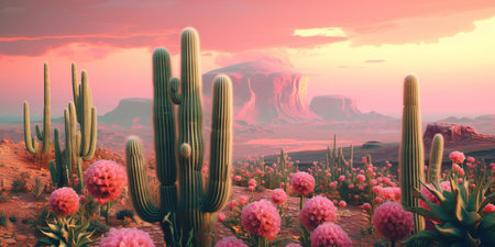 Generative AI, psychedelic and surreal scenery with cactus in the desert. landscape of the wild westの素材