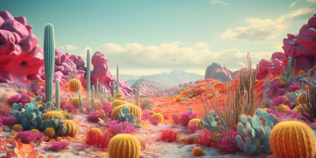 Generative AI, psychedelic and surreal scenery with cactus in the desert. landscape of the wild westの素材
