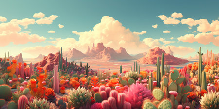 Generative AI, psychedelic and surreal scenery with cactus in the desert. landscape of the wild westの素材