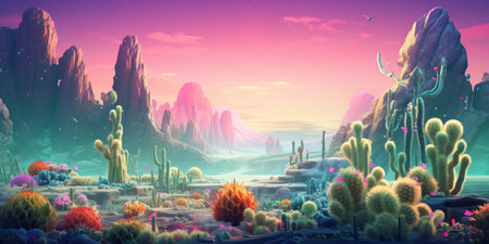 Generative AI, psychedelic and surreal scenery with cactus in the desert. landscape of the wild westの素材
