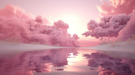 Generative AI, Pink magenta fantastic clouds, sky and landscape. Gentle colors and bright lightsの素材