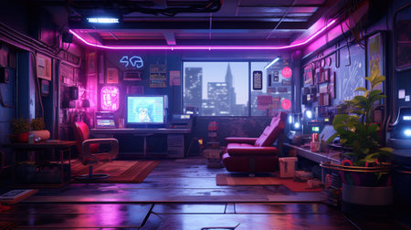 Generative AI, Computer on the table in cyberpunk style, nostalgic 80s, 90s. Neon night lights vibrant colors, photorealistic horizontal illustration of the futuristic interior. technology concept..の素材