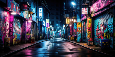 Generative AI, Night scene of big city in cyberpunk style, futuristic nostalgic 80s, 90s. Neon lights vibrant colors, photorealistic horizontal illustrationの素材