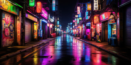 Generative AI, Night scene of big city in cyberpunk style, futuristic nostalgic 80s, 90s. Neon lights vibrant colors, photorealistic horizontal illustrationの素材