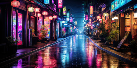 Generative AI, Night scene of big Tokyo city in cyberpunk style, futuristic nostalgic 80s, 90s. Neon lights vibrant colors, photorealistic horizontal illustrationの素材