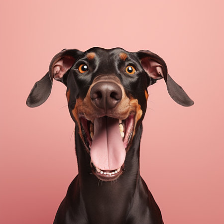 Generative AI, Portrait of a happy dog looking at the camera with mouth open on pink backgroundの素材