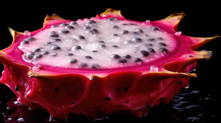 Generative AI, bright slice of juicy ripe dragonfruit and water drops, macro of summer fruitの素材