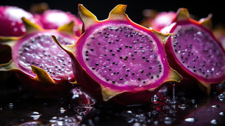 Generative AI, bright slice of juicy ripe dragonfruit and water drops, macro of summer fruitの素材