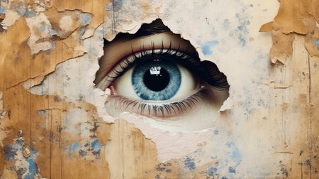 Generative AI, Woman eye looking through a torn hole in vintage paper, blue and beige colors mural. Painted hyperrealistic female art.の素材