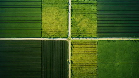 Generative AI, Farm landscape, agricultural fields, beautiful countryside, country road. Nature Illustration, photorealistic top view drone, horizontal banner.の素材
