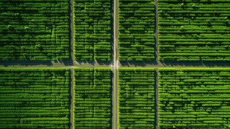 Generative AI, Farm landscape, agricultural fields, beautiful countryside, country road. Nature Illustration, photorealistic top view drone, horizontal banner.の素材