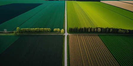 Generative AI, Farm landscape, agricultural fields, beautiful countryside, country road. Nature Illustration, photorealistic top view drone, horizontal banner.の素材