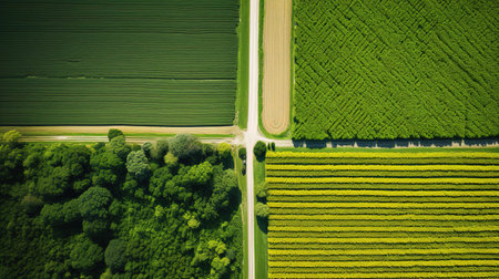 Generative AI, Farm landscape, agricultural fields, beautiful countryside, country road. Nature Illustration, photorealistic top view drone, horizontal banner.の素材