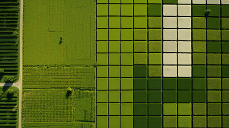 Generative AI, Farm landscape, agricultural fields, beautiful countryside, country road. Nature Illustration, photorealistic top view drone, horizontal banner.の素材