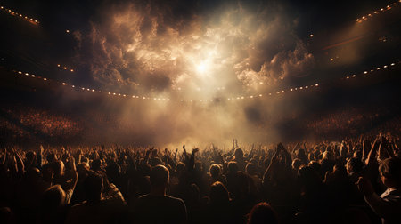 Generative AI, People crowd on music rock festival concert in stadium, big stage lit by spotlights.の素材