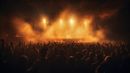 Generative AI, People crowd on music rock festival concert in stadium, big stage lit by spotlights.の素材