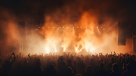 Generative AI, People crowd on music rock festival concert in stadium, big stage lit by spotlights.の素材