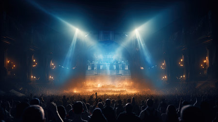Generative AI, People crowd on music rock festival concert in stadium, big stage lit by spotlights.の素材