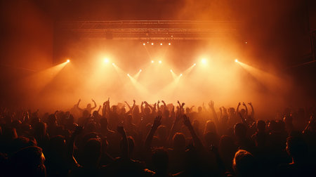 Generative AI, People crowd on music rock festival concert in stadium, big stage lit by spotlights.の素材