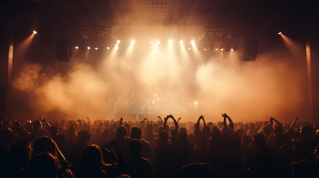 Generative AI, People crowd on music rock festival concert in stadium, big stage lit by spotlights.の素材
