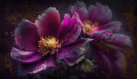 Generative AI, Close up of blooming flowerbeds of amazing viva magenta flowers on dark moody floral textured background with golden particles. Photorealistic paint effect.の素材