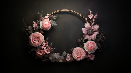 Generative AI, Close up wreath, blooming flowerbeds of amazing pink and white flowers on dark moody floral textured background.の素材