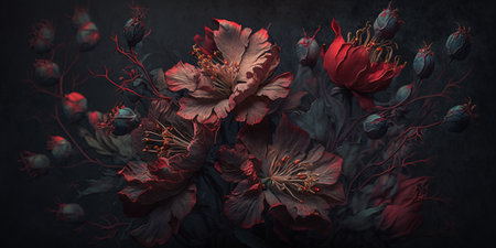 Generative AI, Close up of blooming flowerbeds of amazing red color flowers on dark moody floral textured background. Photorealistic effects..の素材
