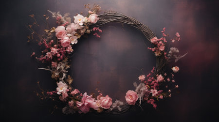 Generative AI, Close up wreath, blooming flowerbeds of amazing pink and white flowers on dark moody floral textured background.の素材