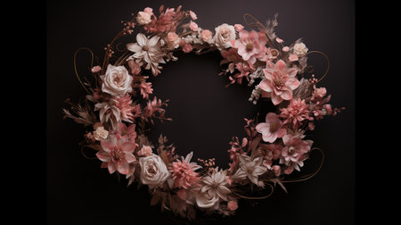 Generative AI, Close up wreath, blooming flowerbeds of amazing pink and white flowers on dark moody floral textured background.の素材